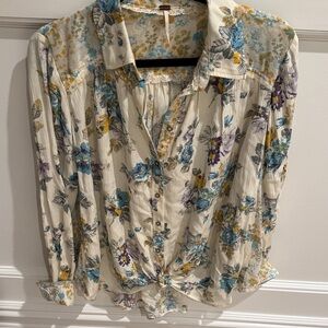 Free People Floral Blouse in Cream and Blue
